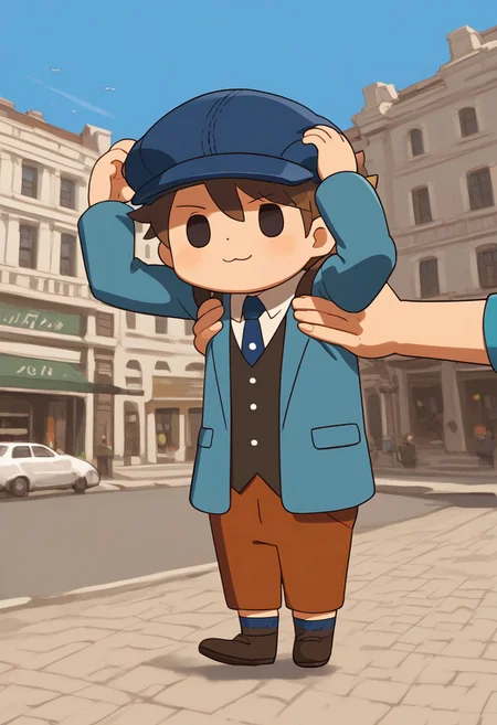 score_9, score_8_up, score_7_up, source_anime, highly detailed, big teethy smile, IncrsXLLCM, full body, chibi, holding animal / holding person
clive, 1boy, male focus, solo, hat, brown hair, necktie, black eyes, blue headwear,
blue necktie, upper body, jacket, adjusting clothes, looking at viewer, formal,
vest, adjusting headwear,
outdoor, sky, building, Expressiveh