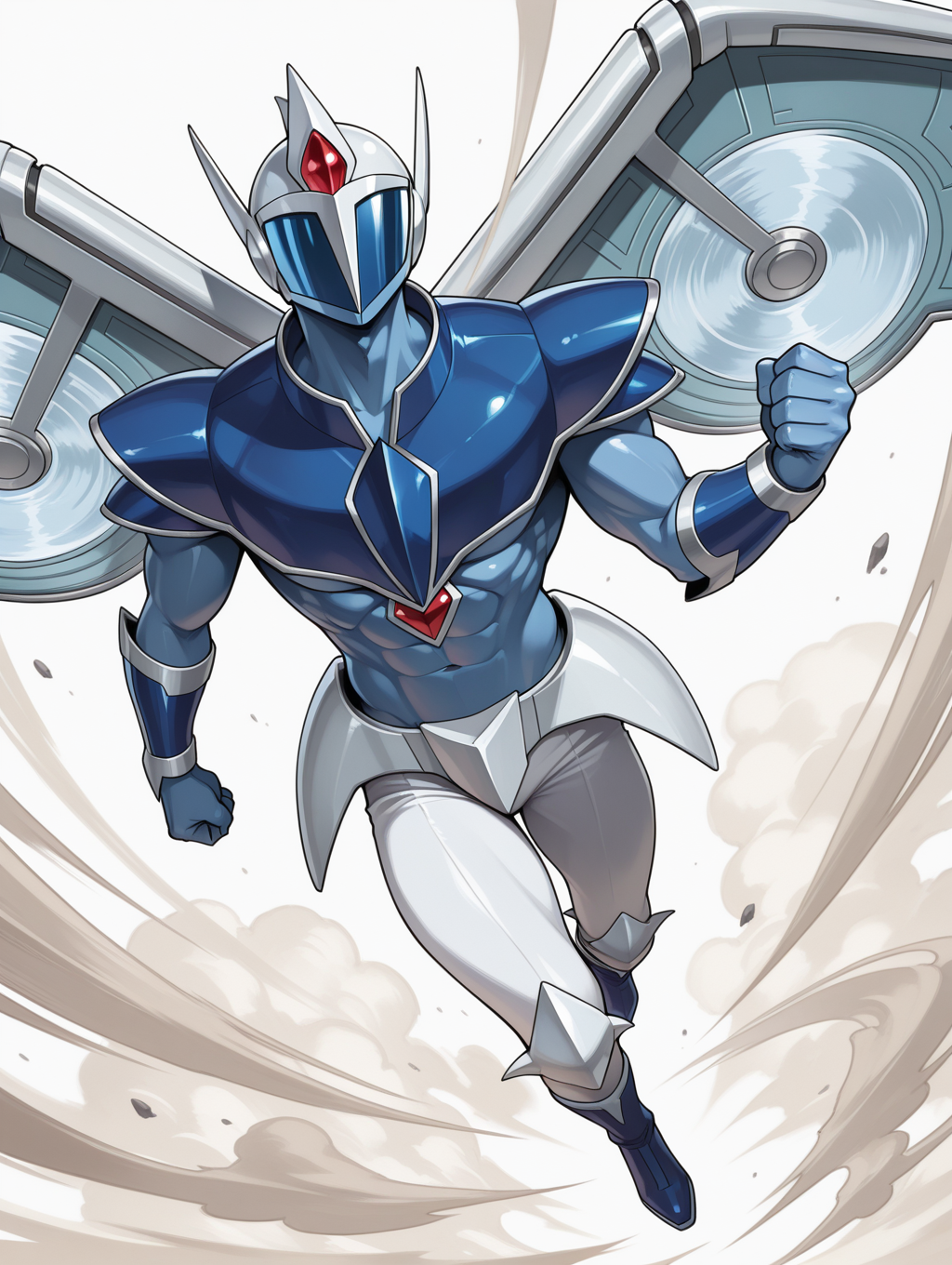 1boy, elemental hero stratos, solo, male focus, clenched hands, abs, tokusatsu, no humans, muscular male, covered face, white helmet, blue full bodysuit, blue shoulder armor, white mechanical wings, blue vambraces, white pants, blue boots, white armored skirt, wind, flying, looking to the side,
masterpiece,best quality,amazing quality,very aesthetic,absurdres,newest,<lora:Elemental HERO Stratos illuXL v1:0.73>,