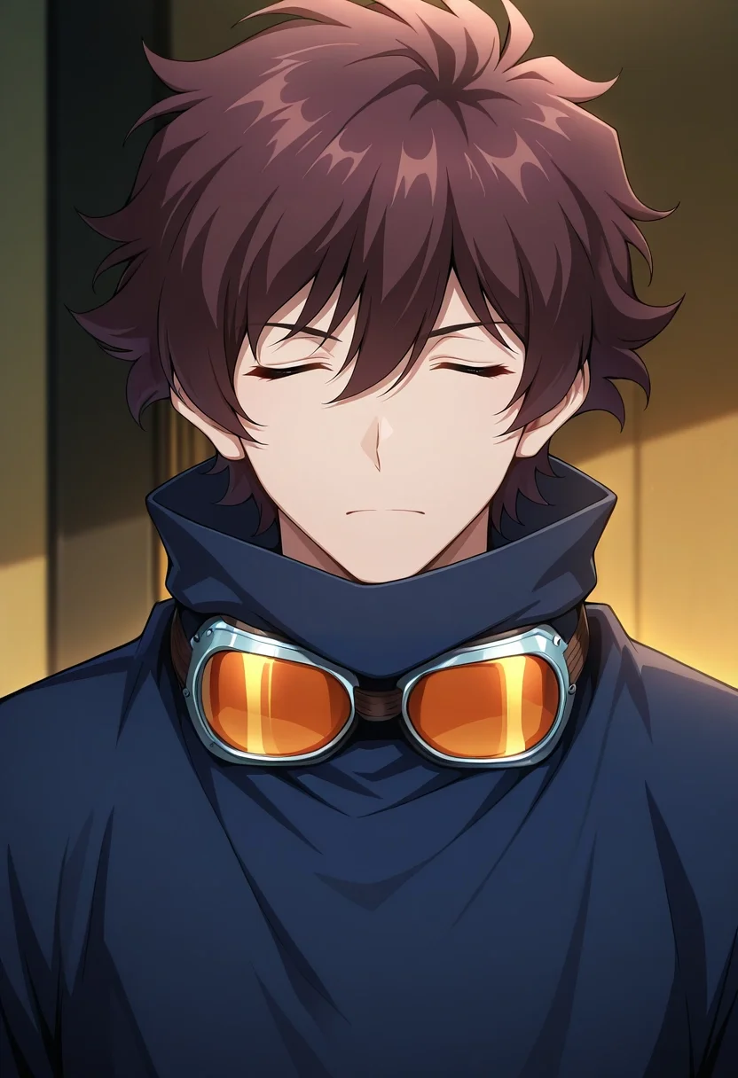 masterpiece, best quality, , ,, 1boy, solo, male focus, <lora:leonardo_watch_ilxl:1>, leonardo_watch, brown hair, short hair, hair between eyes, bangs, closed eyes, goggles around neck,