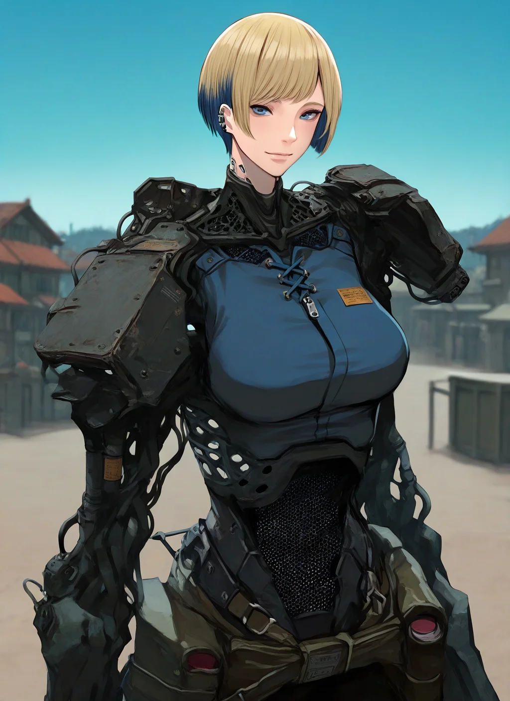 artist:, masterpiece, best quality, newest, very awa, absurdres, highres, jtts, 1girl, cyborg, large weapon, cybernetic body, Tousled Pixie Cut with Side Bangs hair, multicolored colored hair, yellow hair, blue hair, casual outfit, closeup, daytime, village, blue sky, detailed, <lora:SDXL\Illustrous\Jittsu_style:1.0>