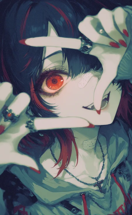 masterpiece, best quality, good quality, newest, highres, absurdres, 1girl, solo, looking at viewer, smile, open mouth, short hair, black hair, long sleeves, red eyes, jewelry, collarbone, upper body, multicolored hair, red hair, hood, necklace, nail polish, hair over one eye, blurry, streaked hair, hoodie, hood down, ring, bandaid, red nails, one eye covered, bandaid on face, drawstring, bandaid on nose, grey hoodie, finger frame,
From Above, High Angle, melanch0ly,xxx667_illu, glowing <lora:illustriousXL_stabilizer_v1.23:0.3> <lora:NOOB_vp1_detailer_by_volnovik_v1:0.3> <lora:ponyv6_noobE11_2_adamW-000017:0.3> <lora:XXX667:0.6> <lora:mon_monmon2133:0.5> <lora:r17329_illuu:0.5>