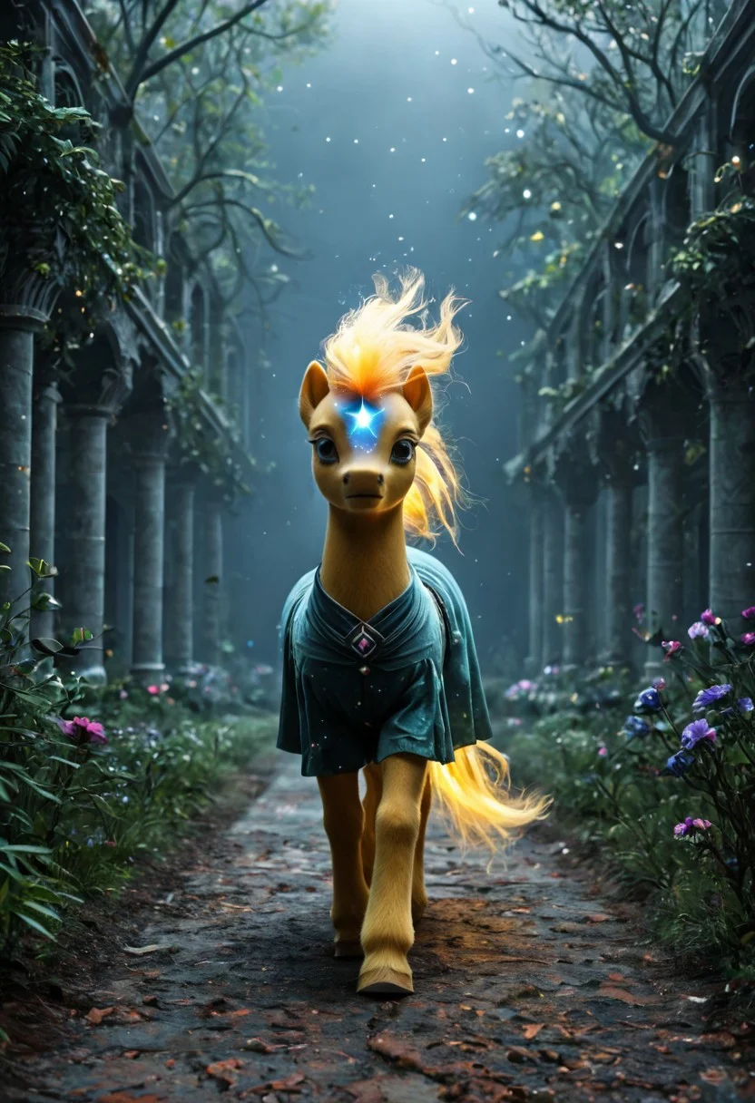 high detail, sfw, a young woman walking through a surreal cosmic garden, her dress made of expanding nebulas and fading star trails, plants formed of glowing dust and fragments of constellations, "Galaxy Pony"