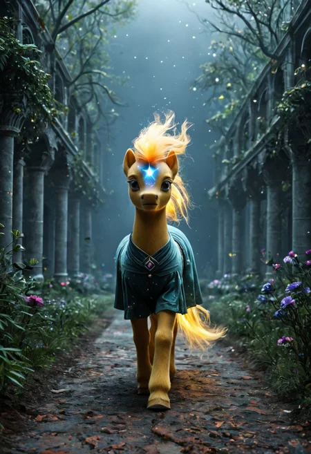 high detail, sfw, a young woman walking through a surreal cosmic garden, her dress made of expanding nebulas and fading star trails, plants formed of glowing dust and fragments of constellations, "Galaxy Pony"