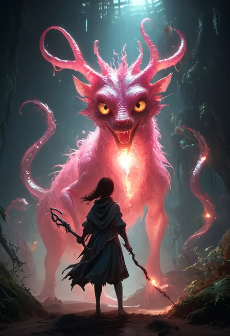 A dynamic action shot of a hot-pink gargantuan translucent mythical beast wearing a cute expression, in a hazardous environment. TheWeirdies. A girl with a glowing magic staff stands in the foreground. She is taming the beast. BREAK, (translucent skin:1.5), evil eyes, looking at viewer, evil grin, laughing maniacally. BREAK, intriguing, stunning, hideous, mysterious, undiscovered, terrifying, epic, sci-fi, fantasy scene. BREAK. Semirealistic, painterly, mixed media, ultra-detailed, ray-traced, award-winning, light leaks, lens flare, volumetric light scattering, subsurface scattering, high contrast, implied motion, deep depth of field, colorful, complementary colors, color graded, BREAK, anamorphic (sci-fi lens-flare style) rings, BREAK