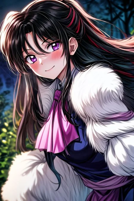 masterpiece, best quality 1girl Setsun4 solo long hair, (night time) forest background black hair very long hair purple eyes multicolored hair armor (fur trim) (medium body),<lora:EMS-179-EMS:0.800000>,<lora:EMS-293862-EMS:0.800000> bow, hair_bow, hair_tubes, red_bow, brown_hair, long_hair, bangs, ascot, frilled_bow, yellow_ascot, blush, smile, hair_between_eyes, athletic, armor