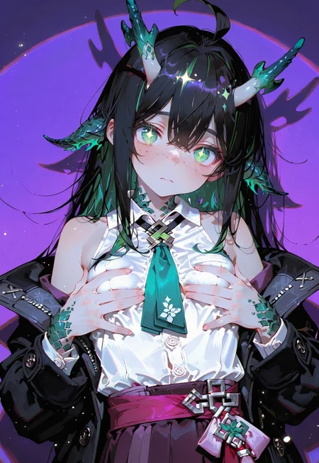 looking at viewer,bust shot

Shy,blush,hands squish breast

1 girl,petite,loose unruly messy hair,messy bangs,black hair,green accents hair,fair skin,dragon horns,green eyes, sparkling eyes,freckles,ahoge

Large Black coat with green accent,coat hanging sleeves,white sleeveless buttoned shirt tucked in,green tie, exposed shoulder

Color background, bright purple background,shadow, light from front,glimmer, scales design, sparkling,spotlight,anaglyph effect

Cunnystyle,748cmstyle,Smooth_Quality,masterpiece,best quality,amazing quality, aesthetic,bright colors,bold lines