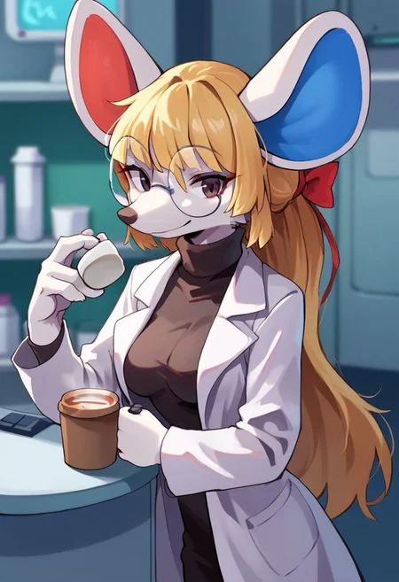 score_9, score_8_up, score_7_up, source_anime, solo, 1girl, petri, blonde hair, brown eyes, white fur, blue inner ear, red inner ear, mouse, furry, long ponytail, smile, round glasses, bangs, bow ribbon, black turtleneck, breasts, holding coffee, open labcoat, laboratory, three-quarters portrait