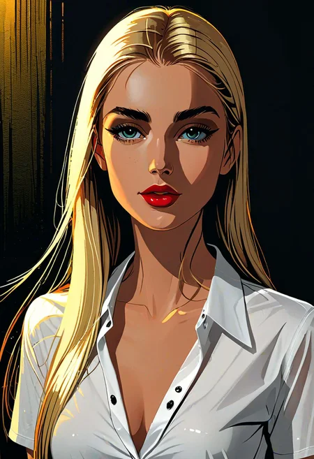 impactful paint of a woman, long straight blonde hair, cleavage, white button-up t shirt,  <lora:The_Pulp_Session:0.8>,    highly detailed,   8k,   sharp,  professional, clear,   high contrast, high saturated, , vivid deep blacks, crystal clear