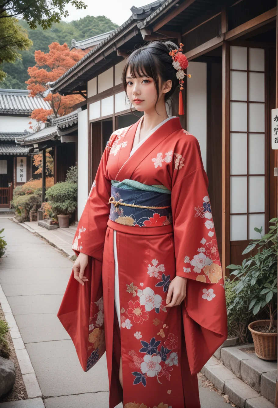 score_9,score_8_up,score_7_up,8k,1girl,solo,,ruanyi0712,floral print,red kimono,obijime,wide sleeves,,ruanyi0710,outdoors,<lora:0712 kimono_v1_pony:0.6>,<lora:0710 Nakasen Road_v1_pony:1>