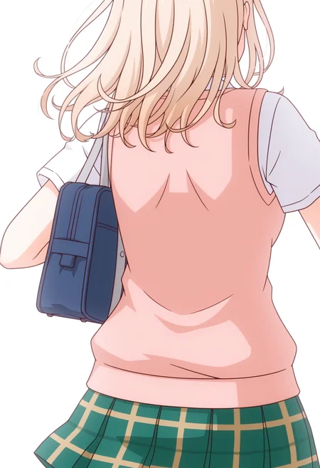 <lora:Mona KAWAII_illustrious-000030:1>,
(HY)_CJ,green skirt,solo,bag,long hair,plaid,school bag,pink sweater vest,from behind,blonde hair,simple background,white background