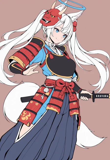 masterpiece, best quality, 1girl, solo, K1rsche, blue eyes, white hair, animal ears, long hair, twintails, hair ornament, halo, tail, lineart, simple background, samurai, japanese armor, oni mask, shoulder armor, baggy pants, smile, confident stance, dynamic angle, holding sword, katana, dutch angle, <lora:ChamKirscheVerstahlNoob:1>