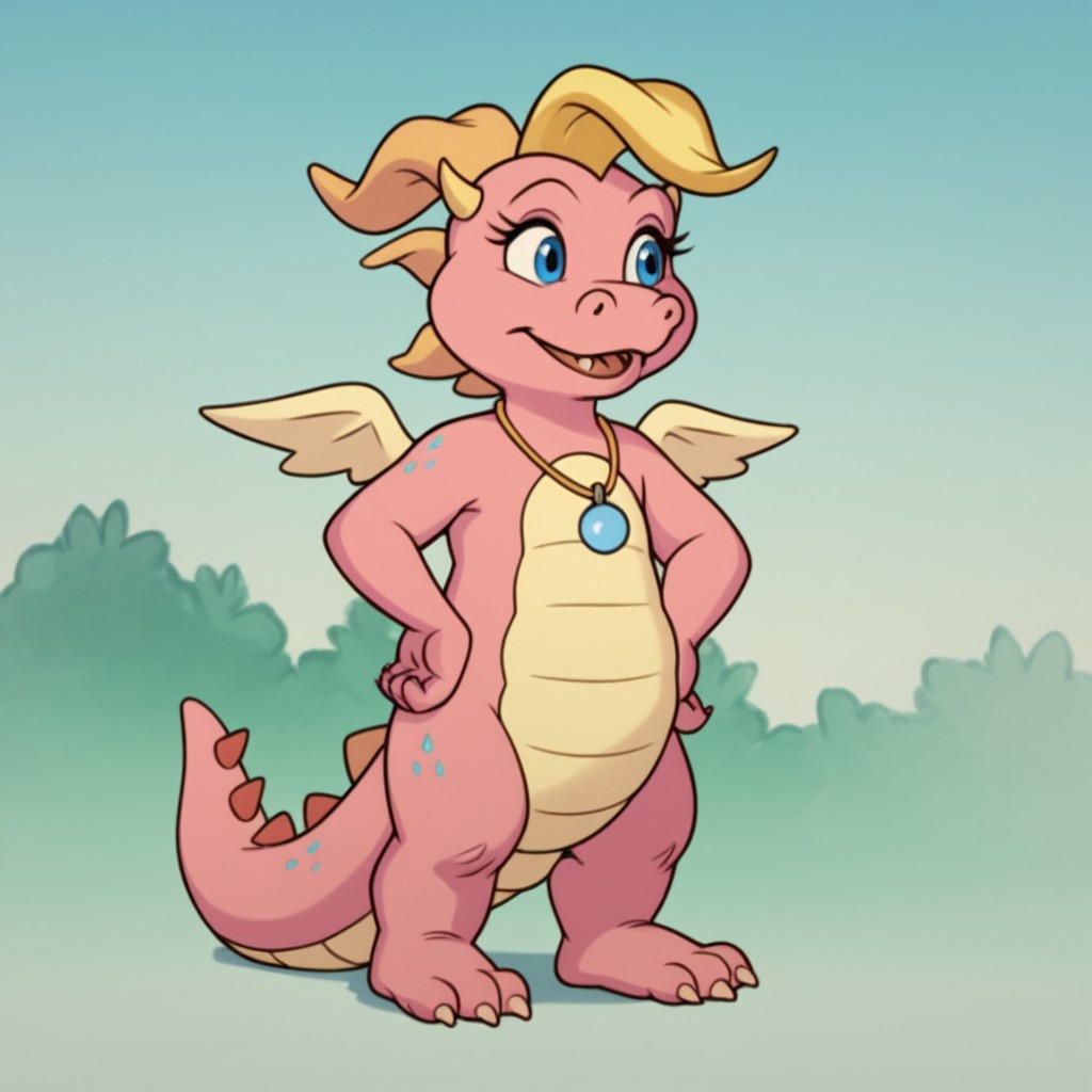 score_9, score_8_up, score_7_up, score_6_up, score_5_up, score_4_up source_furry, CassieDT, semi-anthro, female, dragon, pink skin, horns, wings, jewelry, necklace, standing, outside, hands on hips