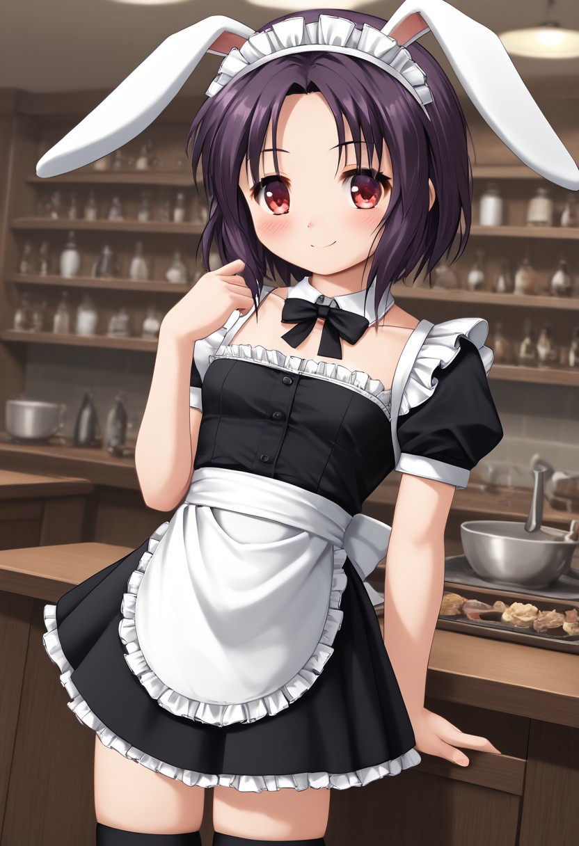 score_4,score_5,score_6,score_7_up,score_8_up,score_9
((masterpiece,best quality,ultra detailed,highres,HD,4k:1.2)),
1 cute girl,solo,small breast,
1 girl, solo, dark purple hair, black purple hair,red eyes, Drooping rabbit ears, drooping animal ears, parted bangs,rabbit ears, rabbit tail, maid, maid outfit, maid apron, frills, black knee socks,zettai ryouiki,
blush,smile,