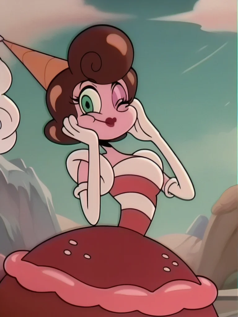 score_9, score_8_up, score_7_up, leaning forward, sexy pose, cowboy shot, (dynamic pose:1.1), dynamic angle, light smile, hand on own cheek, scared, medium breasts, landscape, from side, one eye closed, closed mouth, looking at viewer,
<lora:BaronessVonBon_character:1>, BaronessXLP, brown hair, short hair, green eyes, colored skin, makeup, parted lips, pink skin, very narrow waist, thin arms, dress, elbow gloves, ice cream cone, cartoon, retro artstyle, anime screencap, exaggeration