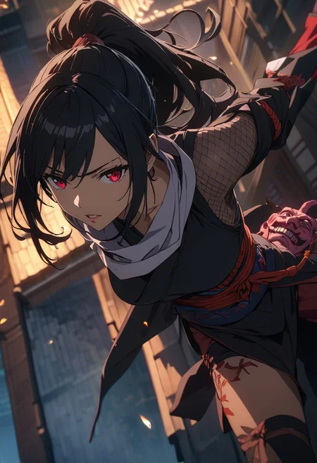 gorgeous lips, cinematic, (masterpiece), (best quality), (ultra-detailed), very aesthetic, illustration, perfect composition, intricate details, absurdres, detailed face, (anime, masterpiece, intricate:1.3), (best quality, hires textures, high detail:1.2), (4k),(incredibly detailed:1.4) 
vibrant colors, 1 girl, masterpiece, best quality, cinematic lighting, 1 shinobi girl, (shinobi), edo city at night, (on top of a roof), (hiding), ninja, low light, dark theme, edo, (oni mask), shinobi outfit, black hair, ponytail, red eyes, dark clothes, shadows, , more prism, vibrant color, dynamic pose, perfect body, fishnet top,