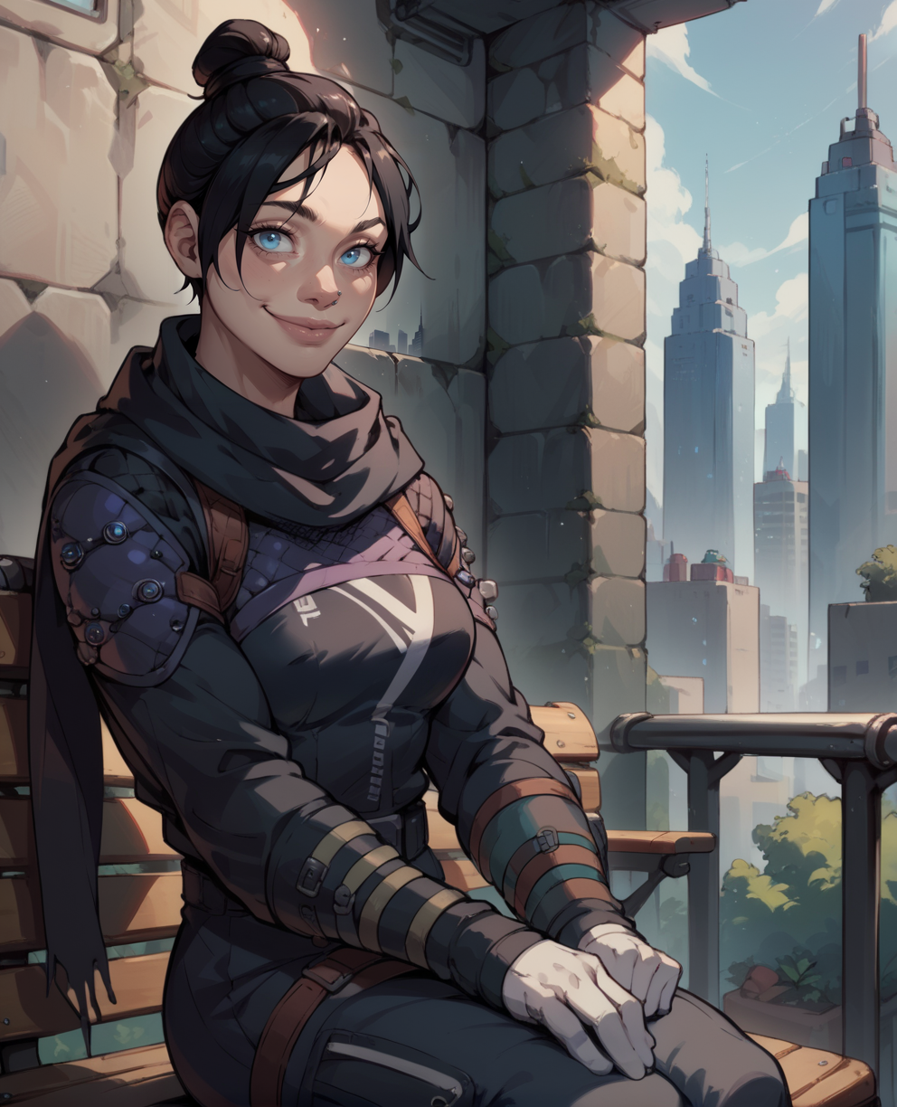 score_9,score_8_up,score_7_up,
wraithxl,black hair,single hair bun,looking at viewer,blue eyes,
scarf,nose piercing,black shirt,long sleeves,white gloves,
smile, 
sitting,  bench, 
science fiction,wall,outdoors,cityscape,
<lora:wraith:0.8>,