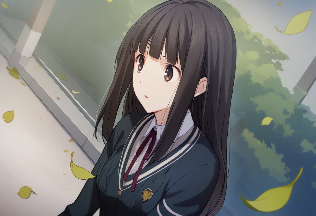 1girl,nagumo kasumi,school uniform,red neck ribbon,plaid skirt,black pantyhose,parted lips, leaf, falling leaves, upper body, outdoors, wind,buttons,masterpiece,solo,best quality,game cg,<lora:NagumoKasumiXL:1>,