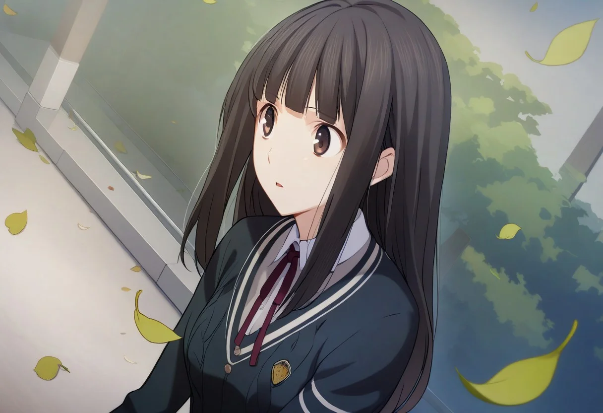1girl,nagumo kasumi,school uniform,red neck ribbon,plaid skirt,black pantyhose,parted lips, leaf, falling leaves, upper body, outdoors, wind,buttons,masterpiece,solo,best quality,game cg,<lora:NagumoKasumiXL:1>,