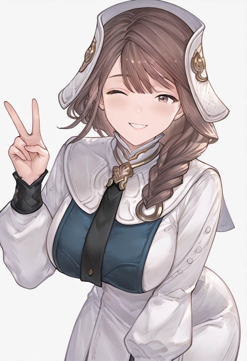 (front view), KriemhildGBF, 1girl, brown hair, braid, long hair, brown eyes, hair ornament, long sleeves, dress, capelet, leaning forward, looking at viewer, simple background, white background, big breasts, masterpiece, best quality, amazing quality, very aesthetic, absurdres, highres, newest, smile, wink, v, from side, dutch angle,