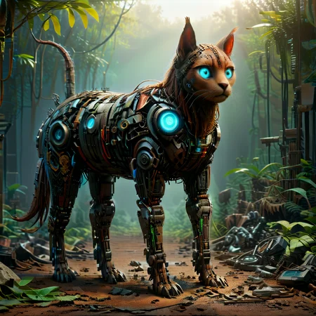 4k, extremely detailed wide view of amazing scene with scrap metal androids fused with blue glowing neon, Falmer,Abyssinian Cat, A regal-looking Alpaca, with a long brown coat and piercing green eyes, lounges in the middle of a lush jungle. The sun is setting, art by Brandon Woelfel, Klaus Wittmann and by Bastien Lecouffe-Deharme, in genderless fashion, Androgynous, neutral, modern, unisex, (HD, masterpiece, best quality, hyper detailed, ultra detailed, super realistic),amazing, evi@decrepPunk, ais-scrapyrd, scrapbuiltai, add-detail-xl, Rusted, rusted landscape<lora:sdxl\rust\concept_worldmorph_decrepPunk_SDXL_v1-evi@decrepPunk.safetensors:1.24:1.24> <lora:sdxl\rust\Scrapyard_Style_SDXL.safetensors:0.73:0.73> <lora:sdxl\rust\ScrapBuiltAIp.safetensors:0.75:0.75> <lora:sdxl\enhancment\add-detail-xl.safetensors:0.8300000000000001:0.8300000000000001> <lora:sdxl\rust\Rusted_landscape_SDXL.safetensors:0.63:0.63>