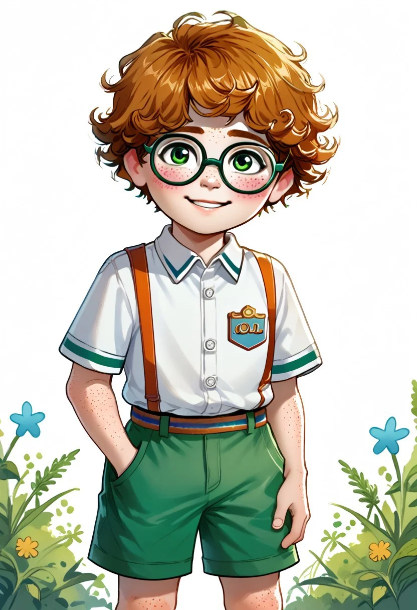 DarirStyle
score_9, score_8_up, score_7_up, highly detailed, cute boy, 1boy, solo, young, polo shirt, shorts, nerdy boy, glasses, freckles, curly hair, ginger hair, green eyes, shy smile, blushing, AHR