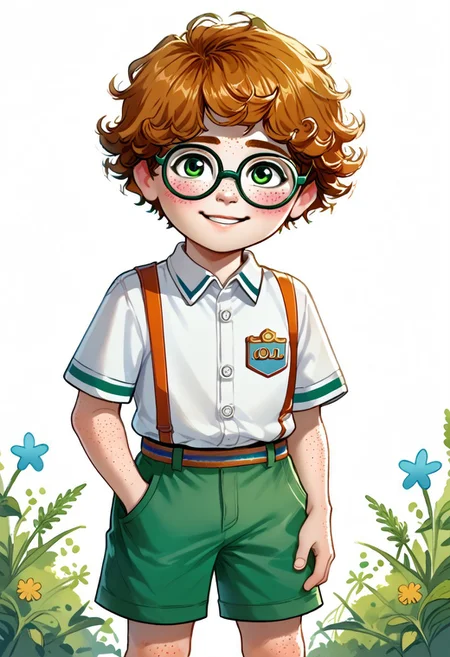 DarirStyle
score_9, score_8_up, score_7_up, highly detailed, cute boy, 1boy, solo, young, polo shirt, shorts, nerdy boy, glasses, freckles, curly hair, ginger hair, green eyes, shy smile, blushing, AHR
