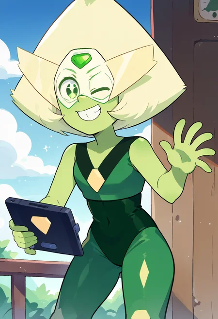 score_9, score_7_up, source_anime, BREAK  <lora:Peridot_Steven_Universe:1> peridot, gem, forehead jewel, standing, smile, holding tablet pc,  solo, cowboy shot,   <lora:Momoiiroo_Art_Style_PonyXL:1> momoiiroo,