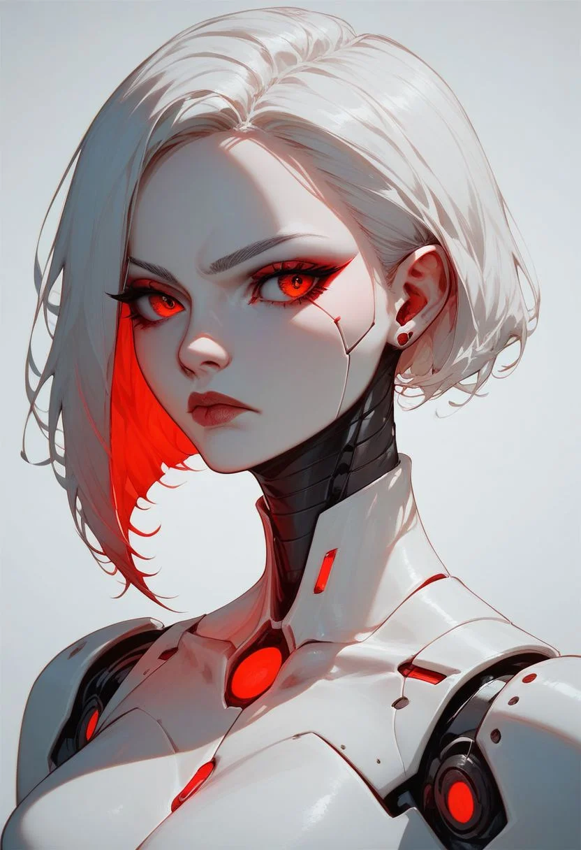 score_9, score_8_up, score_7_up, score_6_up, 1girl, android, robot, serious, white plates, white hair, studio photo, red eyes, red leds, cinematic lighting, neon, thick white character outline, semi-realistic