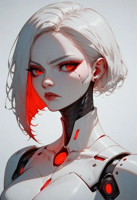 score_9, score_8_up, score_7_up, score_6_up, 1girl, android, robot, serious, white plates, white hair, studio photo, red eyes, red leds, cinematic lighting, neon, thick white character outline, semi-realistic