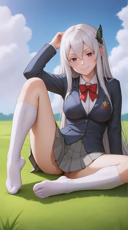 zPDXLxxx,score_9,score_8_up,score_7_up,realistic,masterpiece,best quality,perfect anatomy,very aesthetic,absurdres,
<lora:Quality tweaker_last:-2>,
<lora:Breast Slider - Pony_alpha1.0_rank4_noxattn_last:2>,
<lora:azurlaneXLP6lokrV4236T2:0>,
solo,blush,smile,
no shoes,foot focus,sitting,
<lora:Echidna PonyXL Anzhc v1.6:1>,
echidna,purple eyes,white hair,hair between eyes,very long hair,butterfly hair ornament,
school uniform,red bowtie,blazer,blue jacket,collared shirt,white shirt,grey skirt,pleated skirt,white socks,kneehighs,
outdoors,grass,