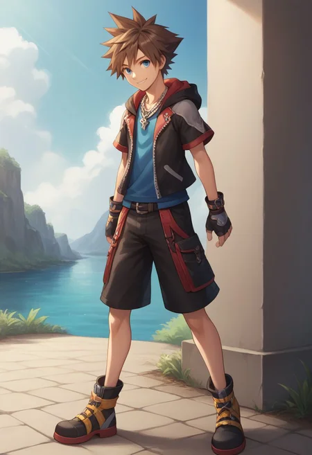 score_9, score_8_up, source_anime, highly detailed, 1boy, solo, male_focus slender, skinny, human child,
sora, fingerless gloves, 1boy, male focus, spiked hair, blue eyes, solo, gloves, necklace, brown hair, smile, hood, full body, short sleeves,
outdoor,