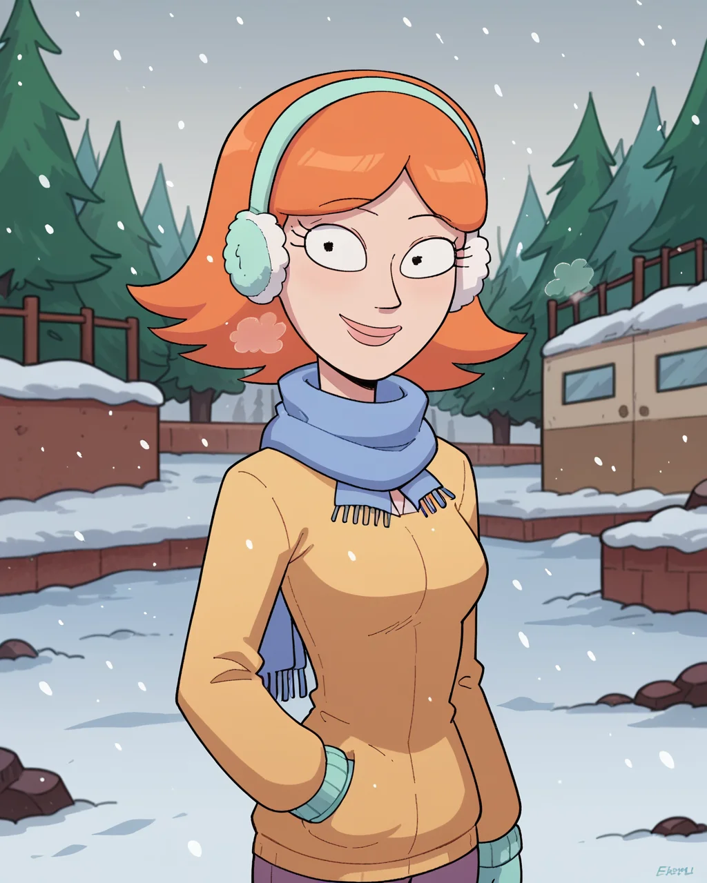 score_9, score_8_up, score_7_up, Jessica, parody, solo, 1girl, cute, smile, hairband, earmuffs, short hair, mustard yellow sweater, scarf, mittens, breath condensation, looking at viewer, standing, outdoors, snowing, winter, from behind, dynamic view, dynamic angle, <lora:Jessica_-_Rick_and_Morty_Character_PonyDiffusionXL:1>