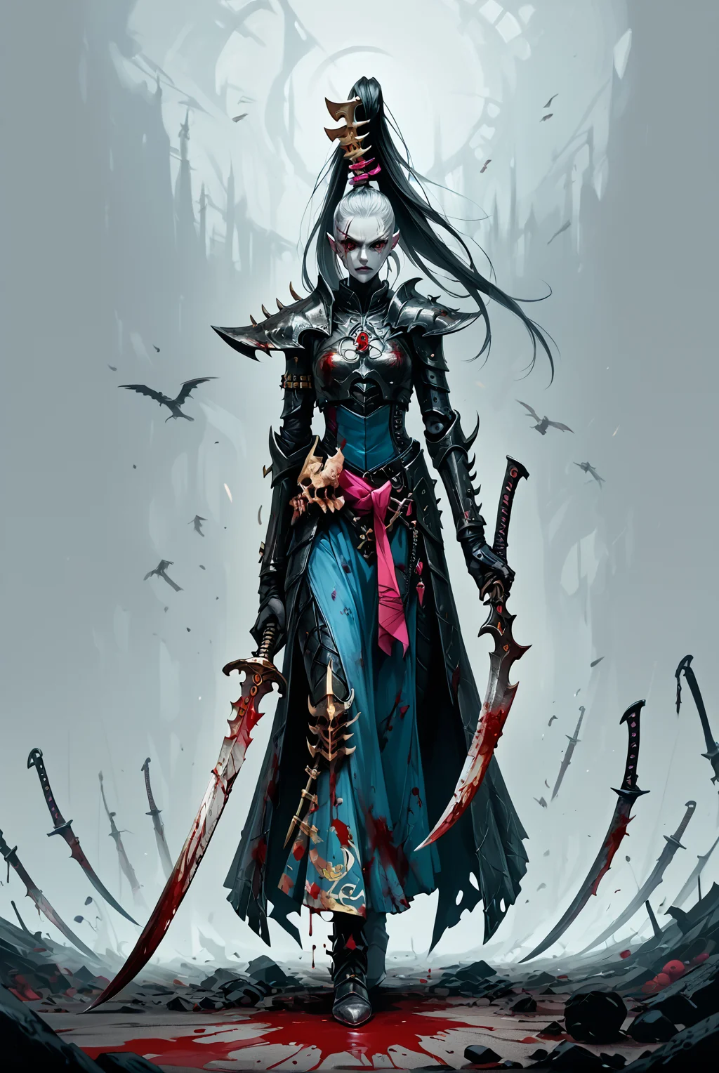 score_9, score_8_up, score_7_up, score_6_up, score_5_up, score_4_up, source_anime, <lora:aeldari_Pony_2:1> aeldari, drukhari, standart drukhari, full black drukhari's armor, 1girl, armor, blood, colored_skin, dagger, holding_sword, holding_weapon, jewelry, long_hair, sword, weapon, pale skin, ((black armor)), full body, Standing on a huge pile of bloody corpses of people