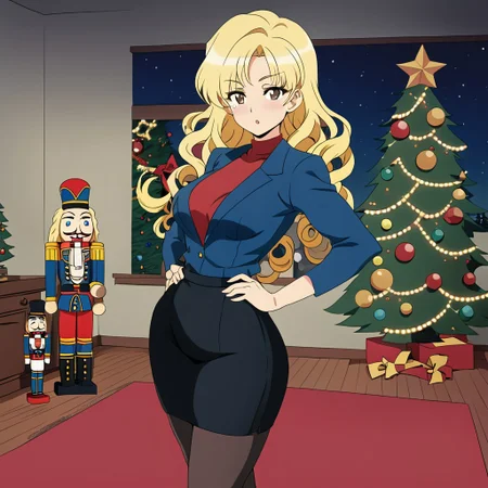sfw, score_5_up, (best_quality:1.0), score_9, score_8_up, anime coloring, solo, medium breasts, wide hips, big hips, toned thighs, parted lips, solo, anime coloring,(brown eyes), black eyeliner, eyelashes, (long, blonde hair, long hair, curly), blush, (perfect face), milf, slender, big breasts, nutcracker, Black Pencil skirt, pantyhose, blue jacket, 1990s_(style), retro style, living room, night, christmas tree, christmas ornaments, red carpet