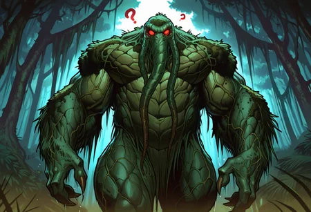 best quality, amazing quality, very aesthetic, absurdres, newest, high quality, masterpiece BREAK ManTh1ing, trunk appendages, 1boy, swamp monster, plant skin, moss covered skin, red eyes, veins, huge muscular, monstrous, glowing eyes, bulky, nature, humanoid, low angle, veins, looking down at viewer, confused, question mark, head tilted to side, huge pecs, claws, musclegut, thick thighs, wet, covered in muck <lora:Man-Thing_Marvel_Comics:1.05>