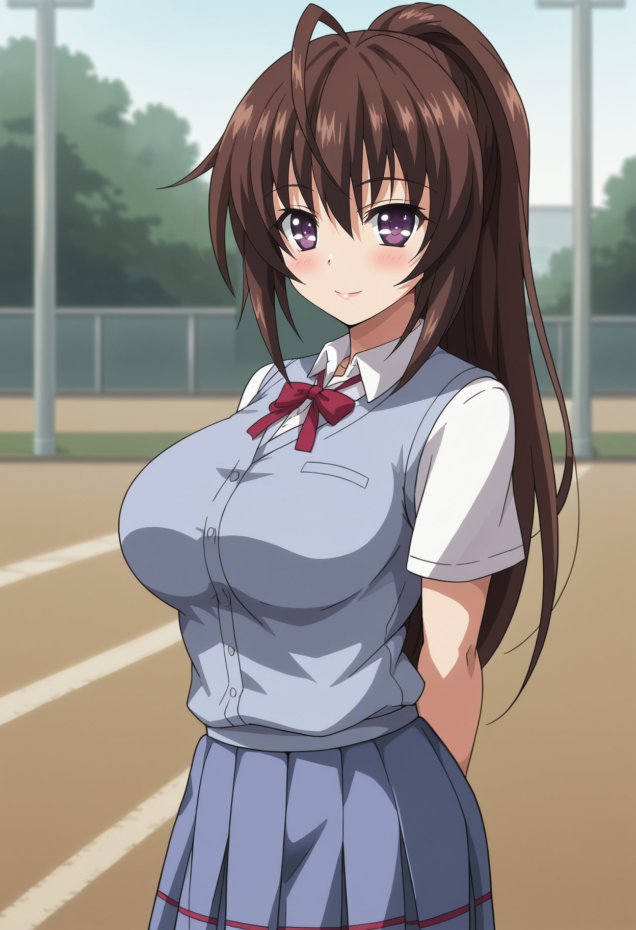 <lora:Suzuka_Ashiya-Pretty_x_Cation_2:0.8>,Ashiya,1girl,solo,brown hair,long hair,purple eyes,large breasts,ponytail,school uniform, skirt,cowboy shot, arms behind back, looking at viewer, blush,smile,outdoors