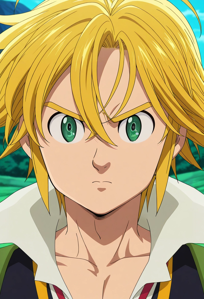 masterpiece, best quality, , anime screencap, anime coloring, , , 1boy, solo, male focus, <lora:meliodas_nanatsu_no_taizai_ilxl:1>, meliodas_nanatsu_no_taizai, blonde hair, green eyes, short hair, antenna hair, hair between eyes, , ,