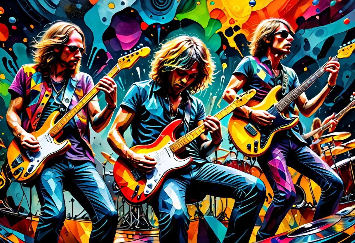a colored  painting of a Rock band  on a concert   , (8k, RAW photo, best quality, masterpiece:1.2),best quality, ultra high res,(sharp focus:1.2),DOF, geometric patterns, intricately detailed, perfectly balanced, deep fine edges, artistic photorealism,photorealism, vivid colors,, 8K, UHD, many details, extreme detailed, full of details, BadDream, Jed-Splash,    <lora:ColourfullSplashStyle:0.5>