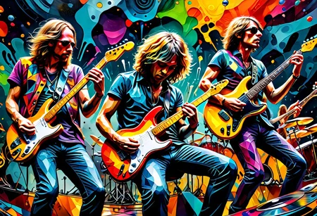 a colored painting of a Rock band on a concert , (8k, RAW photo, best quality, masterpiece:1.2),best quality, ultra high res,(sharp focus:1.2),DOF, geometric patterns, intricately detailed, perfectly balanced, deep fine edges, artistic photorealism,photorealism, vivid colors,, 8K, UHD, many details, extreme detailed, full of details, BadDream, Jed-Splash, <lora:ColourfullSplashStyle:0.5>