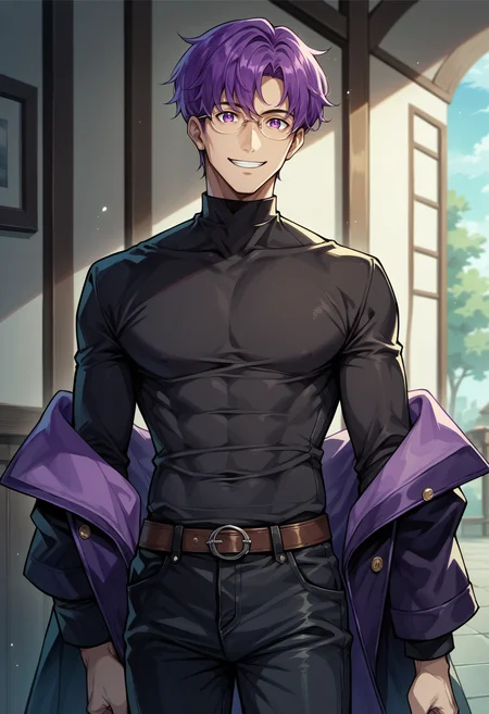 score_9, score_8_up, score_7_up, mlcns, 1boy, black shirt, black pants, purple eyes, purple hair, monocle, closed smile, looking at viewer, <lora:Canas-pdxl:1>, bangs, glasses,