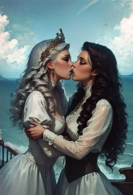 score_9, score_8_up, score_7_up,  2girls, kissing, silver hair, 35mm Vintage photo of queens standing on a sailship, victorian, long hair, curly hair, ornate white uniform, white fur, ocean, at sea, sailing, (golden tiara:1.2)  <lora:pony/twilight_style:0.8> concept art, realistic  <lora:pony/expressiveh:0.8> expressiveH <lora:sdxl/sinfully_stylish_sdxl> <lora:sdxl/Vintage_Street_Photo>