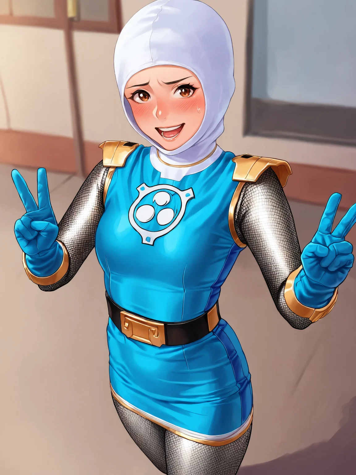 score_9, score_8_up, score_7_up, BREAK,
1girl, solo, source_anime, BREAK,
sentaikageblue, shiny clothes, spandex, <lora:Kage_Blue:1>, BREAK,
silver bodysuit, fishnet bodysuit, bodysuit under clothes, aqua dress, shoulder pads, aqua skirt, black belt, aqua gloves, BREAK,
(white open face hood:1.5), brown eyes, medium breasts, thick thighs, BREAK,
full-face blush, (embarrassed:1.2), smile, blush, looking at viewer, standing, double peace, BREAK,
dutch angle, outdoors, city, street, day, blue sky, cloudy sky