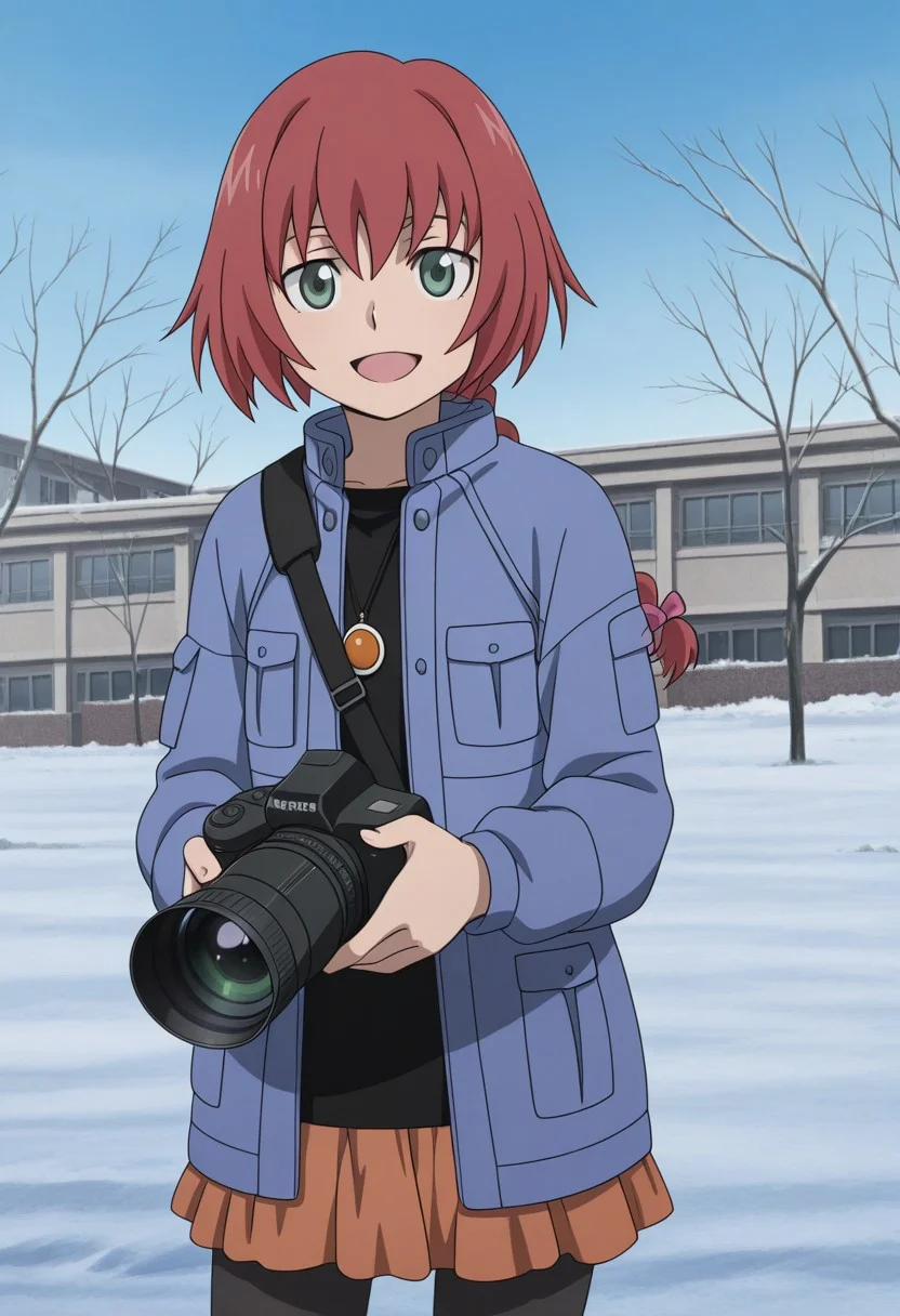 masterpiece,perfect quality,best quality,absolutely eye-catching,absurdres,highres,newest,anime coloring, anime screencap,(1girl,solo),Suou_Pavlichenko, red hair, braid, green eyes, blue jacket, orange skirt, black pantyhose, standing, open mouth smile, looking at viewer, camera, holding camera, outdoors, sunny, school, snow, bare trees, cowboy shot