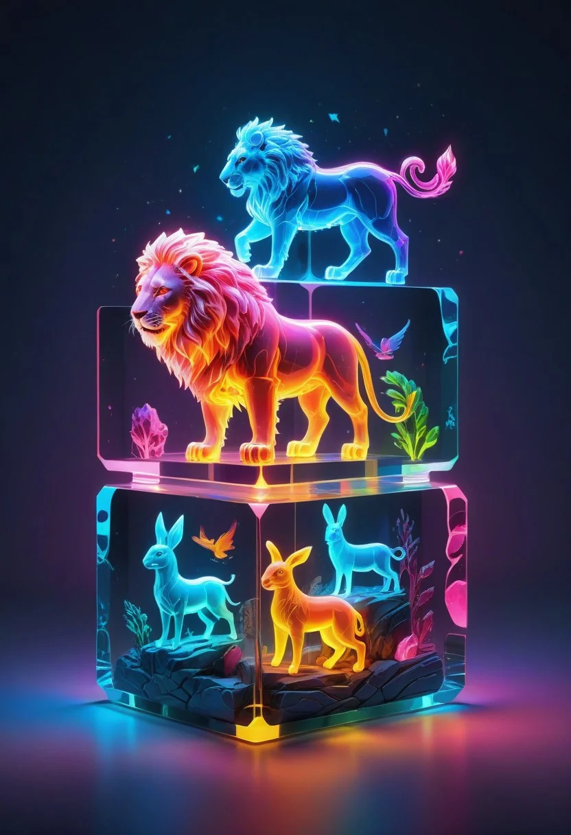 colorful translucent mable cube stack,carved with animals, lion,horse, rabbit,bird,squalo, glowing,Fantasy illustration style, transports viewers to imaginative worlds, epic landscape, and heroic adventures, sparks wonder and inspiration, neon_style