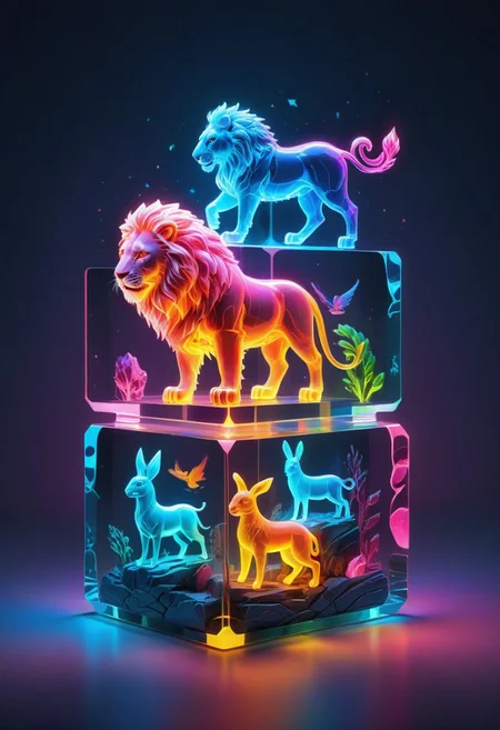 colorful translucent mable cube stack,carved with animals, lion,horse, rabbit,bird,squalo, glowing,Fantasy illustration style, transports viewers to imaginative worlds, epic landscape, and heroic adventures, sparks wonder and inspiration, neon_style