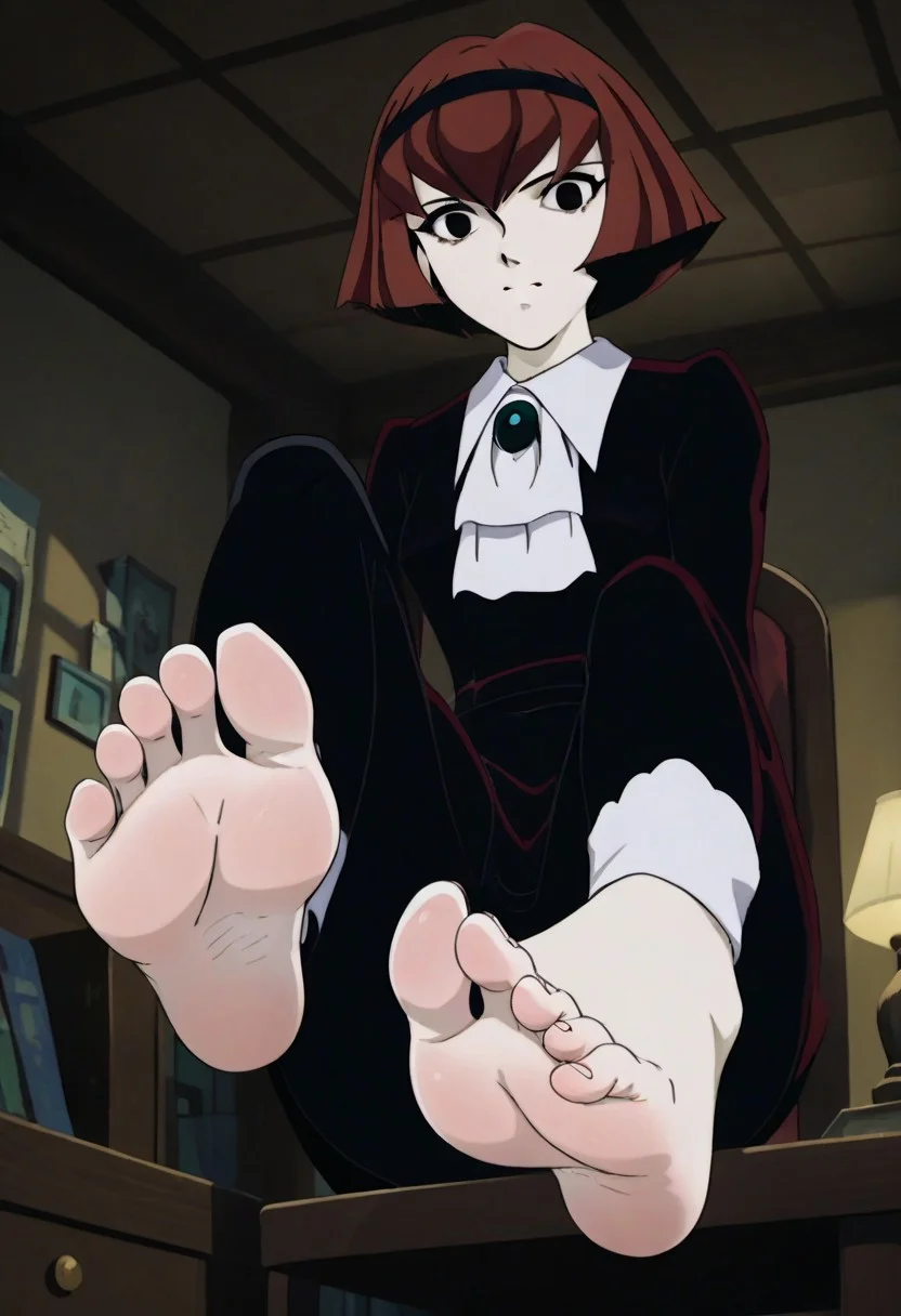 score_9_up, score_8_up, score_7_up, masterpiece, best quality, detailed eyes, perfect face, foot focus, foreshortening, lowangleview-3000, high definition eyes, anime screencap, anime coloring, 1girl, solo, dorothy_(the_big_o), disinterested expression, closed mouth, short hair, black dress, red hair, black hairband, black eyes, green brooch, pale skin, barefoot, indoors, at night, sitting on black chair, presenting her feet to viewer, feet closeup, close-up, feet, soles, toes, ((5 toes)), view from below, below view,