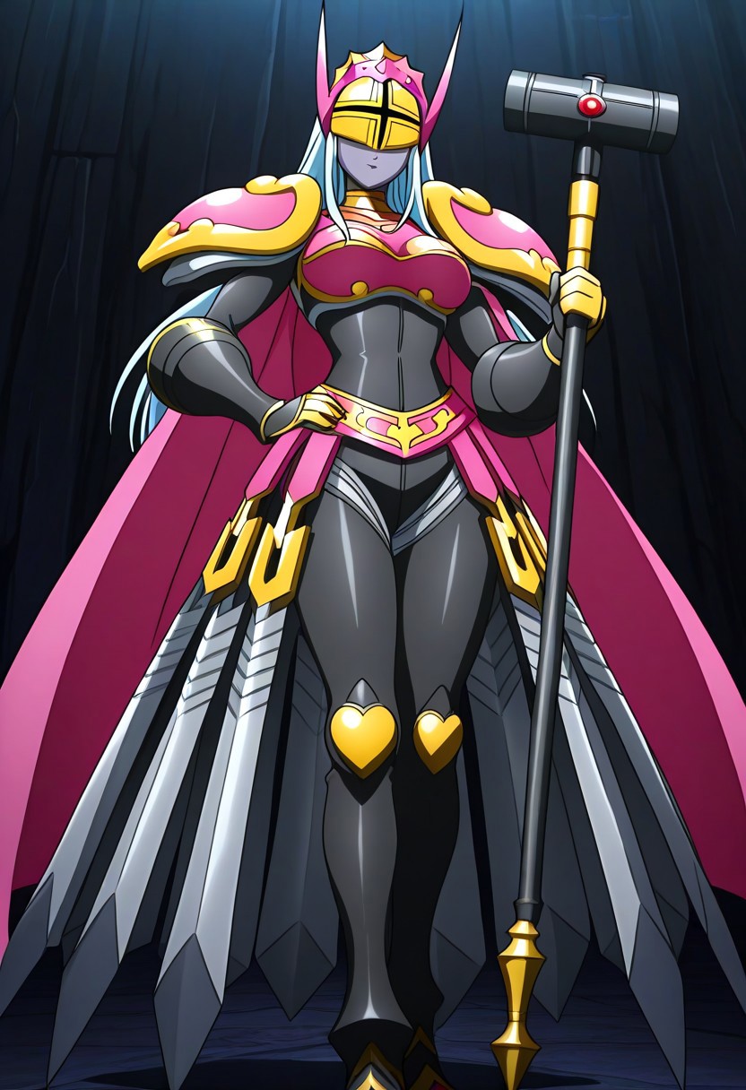 finetuneanime, anime screencap, official art, detailed anime, ultra detailed anime art, anime screencap, screencap, score_9, score_8_up, score_7_up, masterpiece, anime coloring, source_anime, Queen Chessmon, 1girl, armor, long hair, cape, black bodysuit, holding, shoulder armor, colored skin, breastplate, bodysuit, large breasts, digimon \(creature\), high heels, weapon, silver-blue hair, helmet, pauldrons, grey skin, boobplate, heart, gloves, crown, boots, covered eyes, pink cape, full armor, parted lips, purple lips, belt, black gloves, spikes, waist cape, faulds, gauntlets, makeup, horns, jewelry, shoulder pads, mask, gold armor, bracelet, lipstick, skin tight, curvy, armored skirt, swords on skirt, high heel boots
BREAK 
Stable_Yogis_PDXL_Positives, cowboy shot, standing, 1hand on hip, ((1hand holding war hammer, holding weapon, war hammer)), posing, dynamic pose, dynamic view,