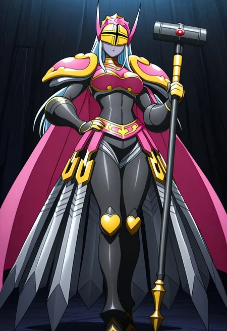 finetuneanime, anime screencap, official art, detailed anime, ultra detailed anime art, anime screencap, screencap, score_9, score_8_up, score_7_up, masterpiece, anime coloring, source_anime, Queen Chessmon, 1girl, armor, long hair, cape, black bodysuit, holding, shoulder armor, colored skin, breastplate, bodysuit, large breasts, digimon \(creature\), high heels, weapon, silver-blue hair, helmet, pauldrons, grey skin, boobplate, heart, gloves, crown, boots, covered eyes, pink cape, full armor, parted lips, purple lips, belt, black gloves, spikes, waist cape, faulds, gauntlets, makeup, horns, jewelry, shoulder pads, mask, gold armor, bracelet, lipstick, skin tight, curvy, armored skirt, swords on skirt, high heel boots
BREAK
Stable_Yogis_PDXL_Positives, cowboy shot, standing, 1hand on hip, ((1hand holding war hammer, holding weapon, war hammer)), posing, dynamic pose, dynamic view,