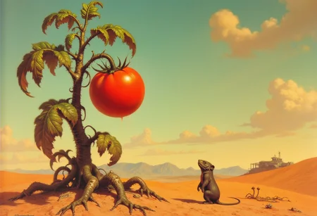 Frank Frazetta sci-fi oil  painting of just a mutate tomato plant in the apocalypse, desert background very dry, tomato plant is brown and dying, there is a single pristine tomato growing on the plant, a small alien rodent is standing beneath the tomato looking up at it,  a classic gothic baroque fantasy art painting with vibrant colors, digital artwork, illustrative, matte painting, highly detailed, highly dramatic lighting
