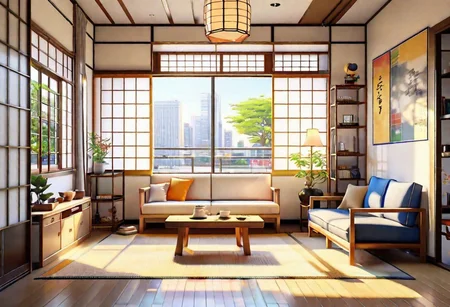 ((front view)), ((Japanese animation style)), modern-style interior, with white walls, (large windows), Nordic-style furniture, a  study, Sofa, coffee table, bookcase, single wall, 
warm light morning sun, (the view of the city)